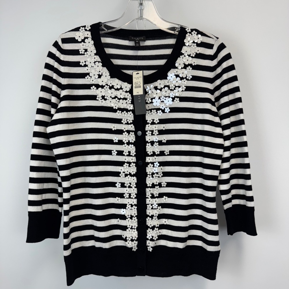 Talbots Petites Striped Sequin Flower Cardigan Sweater‎ Black White SP New
